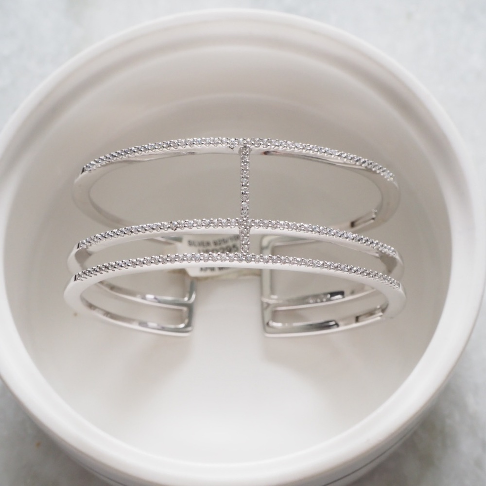 APM Monaco Sterling Silver Triple Line Paved Open Cuff Bracelet, Brand Size- M